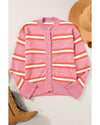 Pink Stripe Drop Shoulder Buttons Cardigan Sweater - S