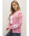 Pink Cute Knitted Floral Pattern Button Up Cardigan - L
