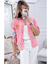 Pink Cute Knitted Floral Pattern Button Up Cardigan - XL
