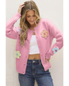 Pink Cute Knitted Floral Pattern Button Up Cardigan - XL