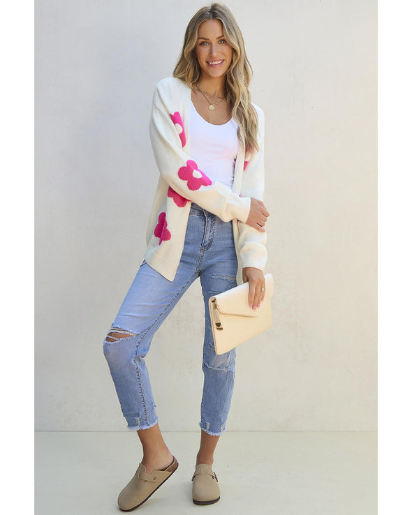 Rose Red Flower Pattern Open Front Cardigan - M