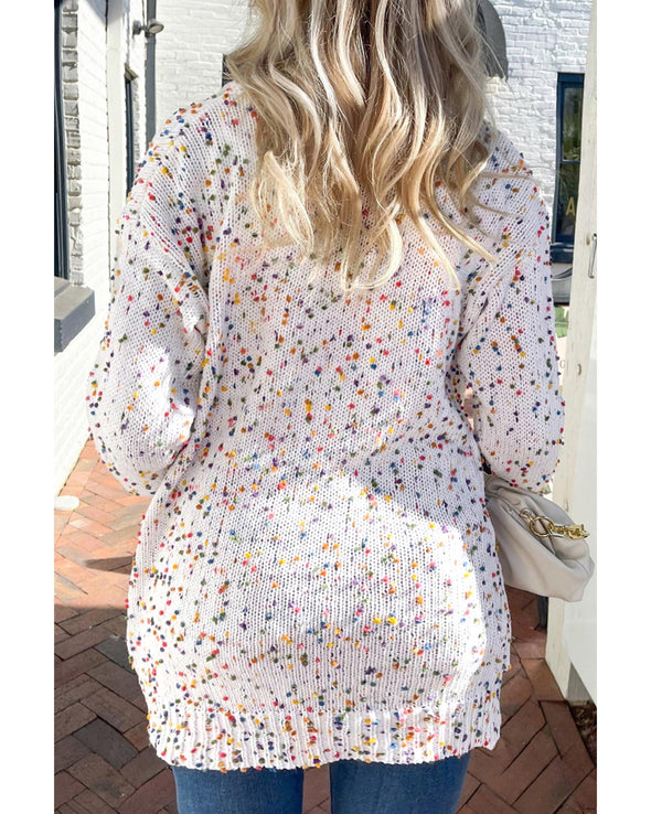 White Confetti Rib Knit Long Sleeve Cardigan - M