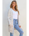 White Confetti Rib Knit Long Sleeve Cardigan - M