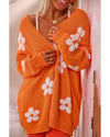 Orange Floral Print Knitted Open Front Loose Cardigan - XL
