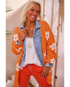 Orange Floral Print Knitted Open Front Loose Cardigan - XL