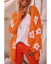 Orange Floral Print Knitted Open Front Loose Cardigan - XL