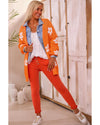 Orange Floral Print Knitted Open Front Loose Cardigan - XL