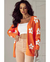 Orange Floral Print Knitted Open Front Loose Cardigan - XL