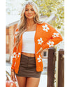 Orange Floral Print Knitted Open Front Loose Cardigan - XL