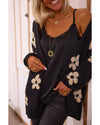 Black Floral Print Knitted Open Front Loose Cardigan - S