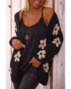 Black Floral Print Knitted Open Front Loose Cardigan - XL
