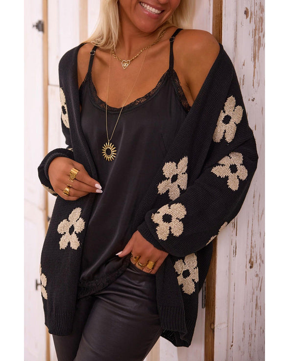 Black Floral Print Knitted Open Front Loose Cardigan - XL