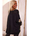 Black Floral Print Knitted Open Front Loose Cardigan - XL