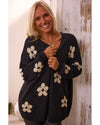 Black Floral Print Knitted Open Front Loose Cardigan - XL