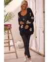 Black Floral Print Knitted Open Front Loose Cardigan - XL