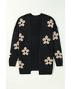 Black Floral Print Knitted Open Front Loose Cardigan - XL
