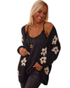 Black Floral Print Knitted Open Front Loose Cardigan - XL