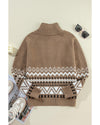 Brown Western Printed Ribbed Trim Collared Zip up Cardigan - L