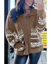 Brown Western Printed Ribbed Trim Collared Zip up Cardigan - M