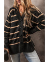 Black Stripe Buttoned V Neck Drop Shoulder Loose Cardigan - 2XL