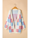 Light Blue Checkered Drop Shoulder Exposed Seam Open Front Cardigan - S