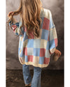 Light Blue Checkered Drop Shoulder Exposed Seam Open Front Cardigan - XL