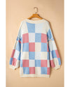 Light Blue Checkered Drop Shoulder Exposed Seam Open Front Cardigan - XL