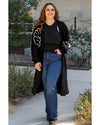 Black Flower Embroidered Drop Shoulder Open Front Duster Cardigan - M