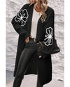 Black Flower Embroidered Drop Shoulder Open Front Duster Cardigan - M