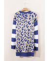 Dark Blue Stripe Sleeve Leopard Print Open Front Cardigan With Pockets - L