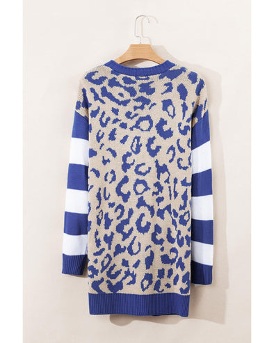 Dark Blue Stripe Sleeve Leopard Print Open Front Cardigan With Pockets - L