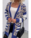 Dark Blue Stripe Sleeve Leopard Print Open Front Cardigan With Pockets - L