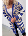 Dark Blue Stripe Sleeve Leopard Print Open Front Cardigan With Pockets - L