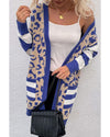 Dark Blue Stripe Sleeve Leopard Print Open Front Cardigan With Pockets - L