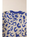 Dark Blue Stripe Sleeve Leopard Print Open Front Cardigan With Pockets - M