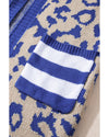Dark Blue Stripe Sleeve Leopard Print Open Front Cardigan With Pockets - S