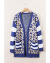 Dark Blue Stripe Sleeve Leopard Print Open Front Cardigan With Pockets - S