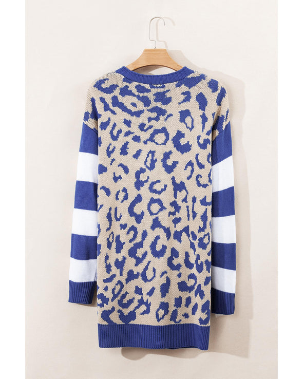 Dark Blue Stripe Sleeve Leopard Print Open Front Cardigan With Pockets - XL