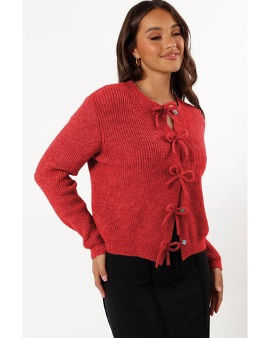 Fiery Red Ribbed Knit Bow Front Buttoned Cardigan - L