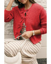 Fiery Red Ribbed Knit Bow Front Buttoned Cardigan - L