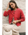 Fiery Red Ribbed Knit Bow Front Buttoned Cardigan - L