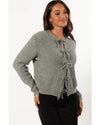 Philippine Gray Ribbed Knit Bow Front Buttoned Cardigan - L