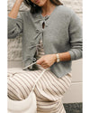 Philippine Gray Ribbed Knit Bow Front Buttoned Cardigan - L