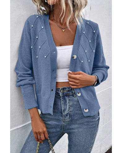 Myosotis Textured Knit Pearl Beaded Button Up Cardigan - XL