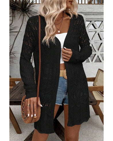 Black Crochet Hollow Out Open Front Cardigan - L