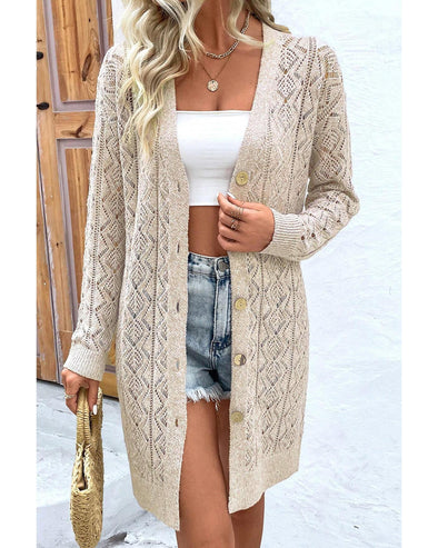Parchment Hollow Out Buttons Front Long Cardigan - M