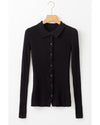 Black Ribbed Knit Collared Slim Fit Sweater Cardigan - M