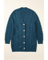 Peacock Blue Cable Knit Button Front Pocketed Baggy Cardigan - M