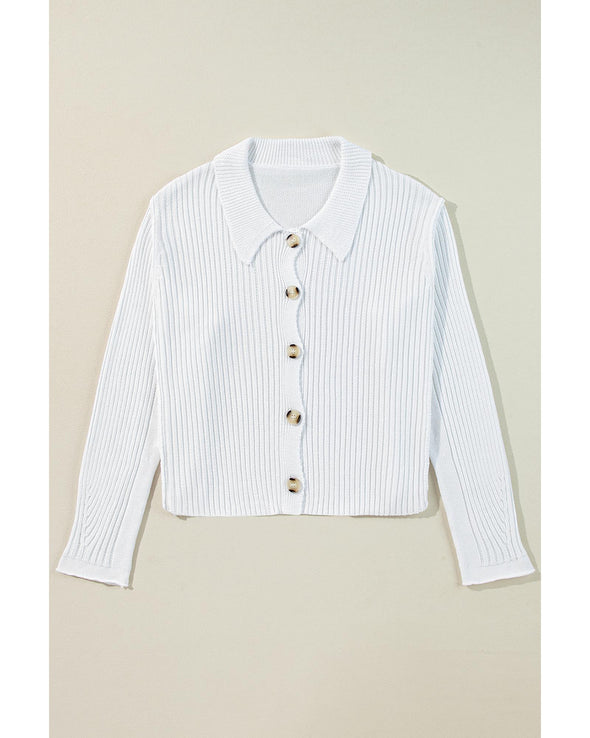White Collared Button-up Loose Fit Casual Sweater - S