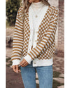 Brown Checkered Striped Patched Buttoned V Neck Cardigan - L